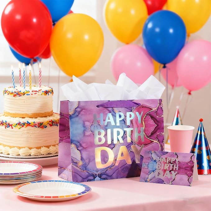 PARNOG 13" Large Happy Birthday Gift Bag with Tissue Paper and Card for Girls Kids Women Birthday