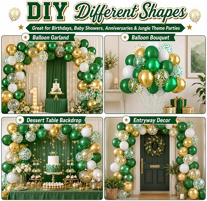 Green and Gold Balloons, 60PCS Metallic Gold and Green Balloons Set, 12 Inch Metallic Confetti Latex Balloon Helium for Birthday Safari Jungle Baby Shower Anniversary Graduation Party Decor