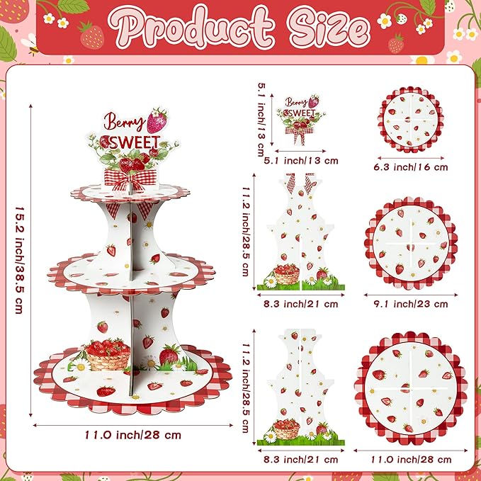 Haooryx Strawberry Cupcake Stand - 3 Tier Berry Sweet Red Plaid Cupcake Tower Cardboard Dessert Holder Pastry Platter for Baby Shower Girls Birthday Spring Summer Holiday Party Table Decoration Supply