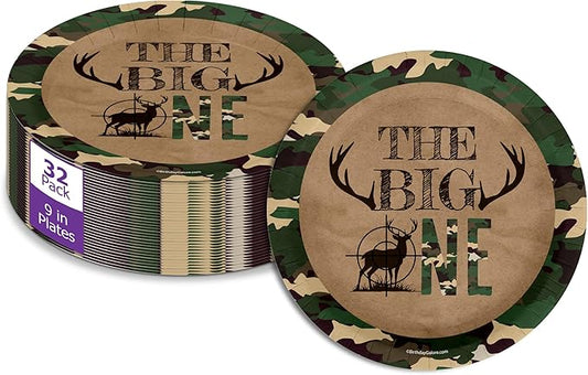 The Big One Hunting First Birthday - 32 Piece Disposable Party Supplies - Decorations for Deer Hunting 1st Birthday Round Party Plates - Large 9" Paper Plates In Bulk