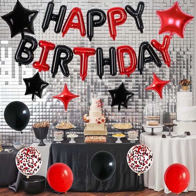 Happy Birthday Balloon Banner Red and Black, 16 Inch Mylar Foil Letter Balloons, Reusable Birthday Decorations with Black Red Balloons, Inflatable Party Supplies for Men Women Boys Girls Decoration