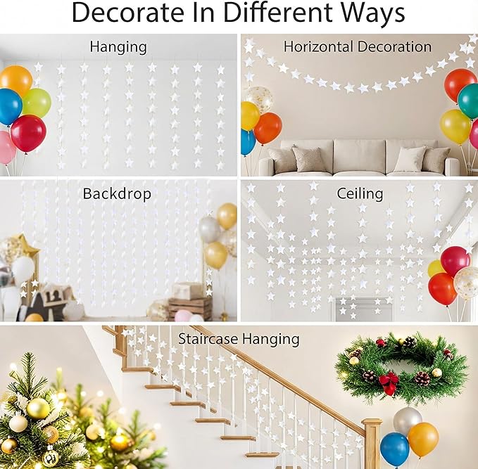 Metallic Silver Iridescent-Star-Garland 90FT – 240 Pcs Sparkling Star Streamers – Hanging Glitter Star Banner Backdrop for Birthday, Baby Shower, Wedding, Christmas Party Decorations (6 Packs)
