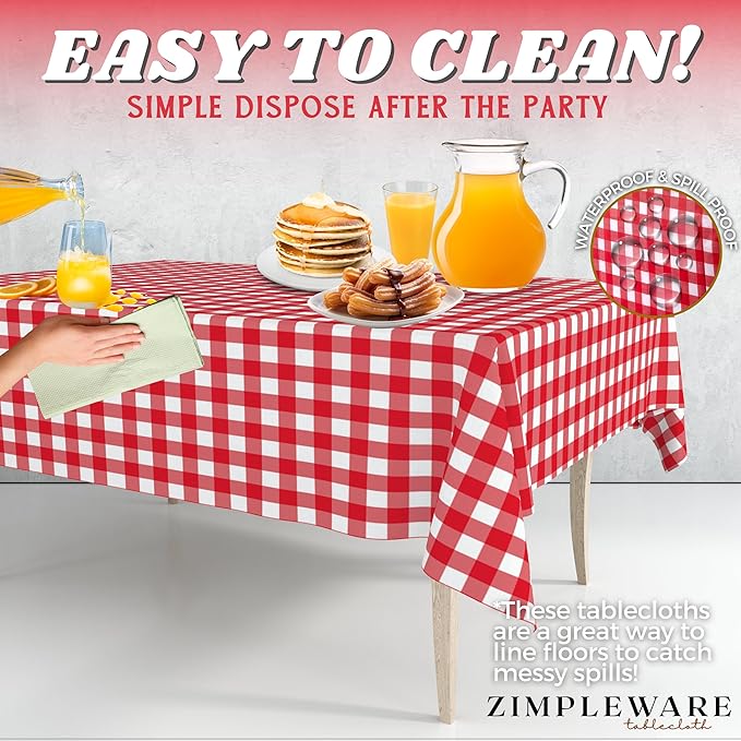 ZIMPLEWARE Premium Red Gingham Checkered Plastic Table Cloth Disposable (6 Pk) Plastic Tablecloths for Rectangle Tables (54in x 108in) Party Table Cloths Disposable for 6ft to 8ft Rectangle Tables
