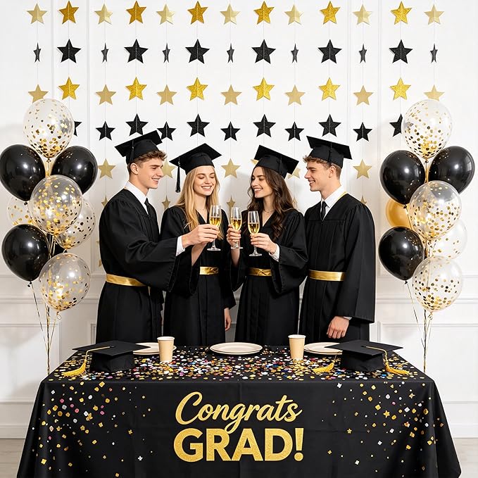40Ft Black Gold Glitter Star Garland Double Sided Hanging Star Streamers, 2026 Graduation Decor Star Banner for Black and Gold Party, Birthday, Wedding, New Year Eve Party Supplies
