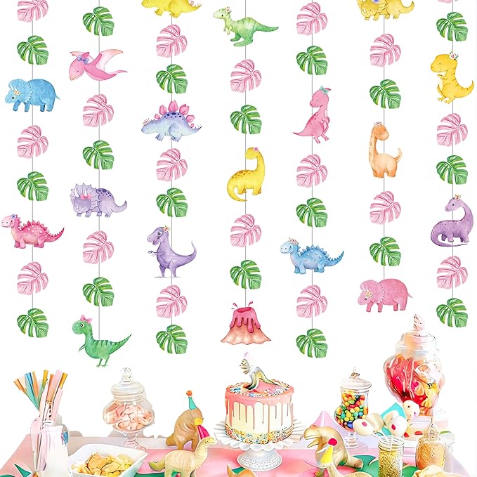 8pcs Dinosaur Theme Party Hanging Garlands Pink Dinosaur Birthday Party Ceiling Garland Decorations for Girls Dino Theme Birthday Baby Shower Supplies