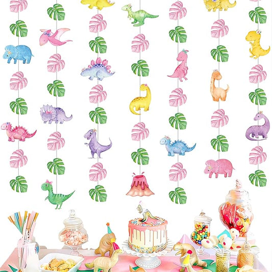 8pcs Dinosaur Theme Party Hanging Garlands Pink Dinosaur Birthday Party Ceiling Garland Decorations for Girls Dino Theme Birthday Baby Shower Supplies