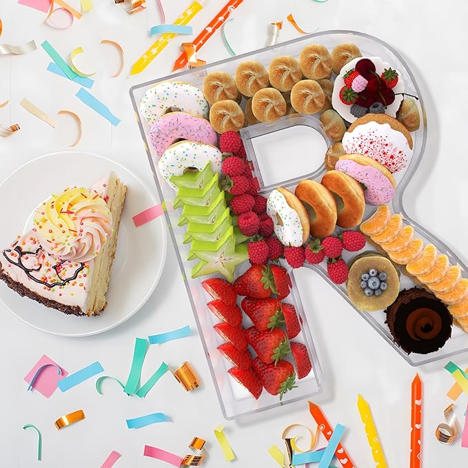11" Acrylic Letter Charcuterie Box, Reusable Fillable Alphabet Number Shaped Form Tray for Birthday Anniversaries, Party Decorative Serving Plates Display Candy Cake (R)