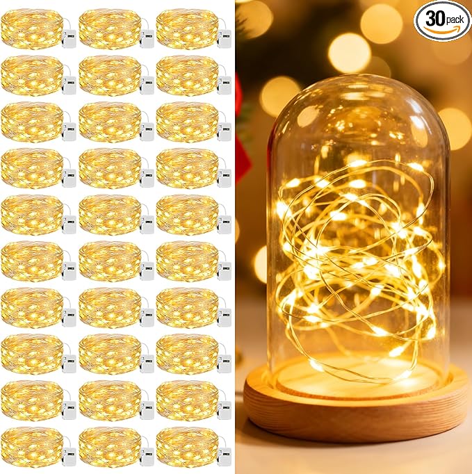 litogo 30 Pack 7FT 20 LED Fairy Lights Battery Operated, 3 Lighting Modes, Bulk Mini Twinkle String Lights Waterproof Silver Wire for Weddings Mason Jars Party Christmas Decorations-Warm White