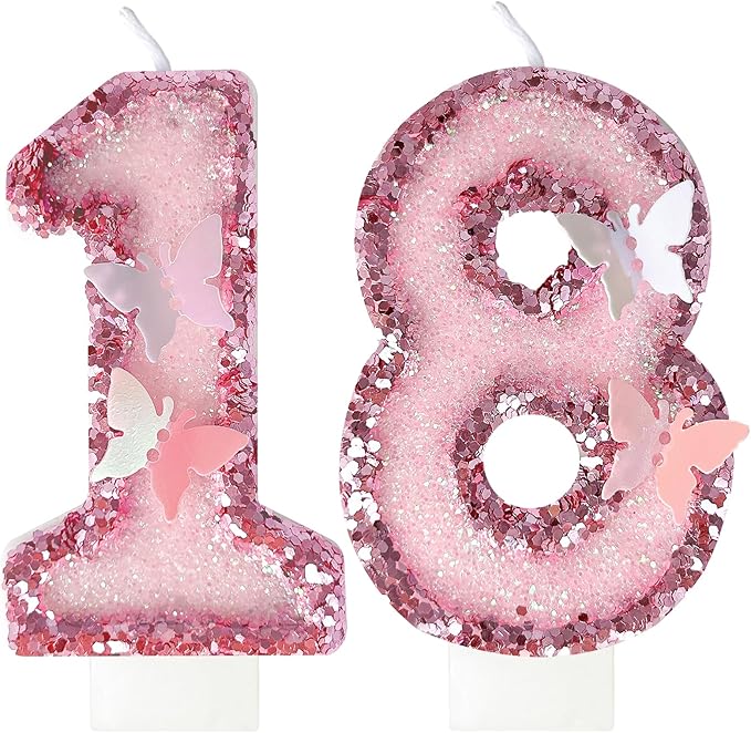 18Th Birthday Candles，Glitter Butterfly Cake Toppers Pink Sequins Wedding Numeral Cupcake Decorations，Suitable for Girl and Boy Wedding Cakes, Party Celebrations, Birthday Decorations (18)