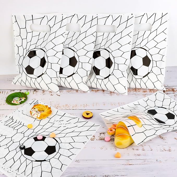Hxezoc 50 Pieces Soccer Gift Bags Plastic Treat Bag Sport Theme Goodie Bags Soccer Candy Wrap with Handles Party Favor Bags For Kids Birthday Party Decoration Supplies