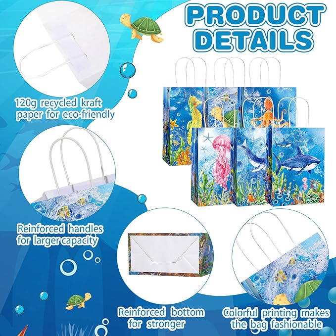Outus 24 Pcs Sea Animals Party Gift Bags Ocean Undersea Theme Party Goodie Treat Candy Wrap Bags with Handle Colorful for Kids Girls Boys Birthday Decorations
