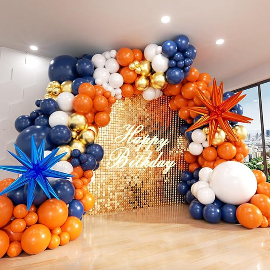 Blue and Orange Gold Balloon Arch Kit, Navy Blue Orange Metallic Gold White Balloon Garland kit, Different Size Balloons for Girl Birthday Anniversary Baby Shower Graduation Party Decorations
