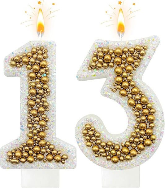 13 Birthday Number Candle for Cake, Glitter Number Candle with Gold Beads, Decorative Cake Topper for Milestone Celebrations