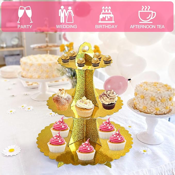 Soleebee 3-Tier Cupcake Stand, Cardboard Cupcake Tower, Dessert Cup Cake Stand Tower for Birthday Wedding Party Decoration, Cupcake Tier Stand 2 Set (Glitter Gold)