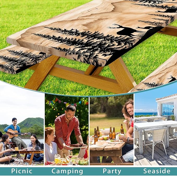 Picnic Table Cover with Bench Covers Camping Essentials Rustic Hunting Deer Forest Waterproof Windproof Camping Tablecloth Fitted Tablecloth Cover with Elastic Edge for Indoor Outdoor 3 PCS 30x72 Inch