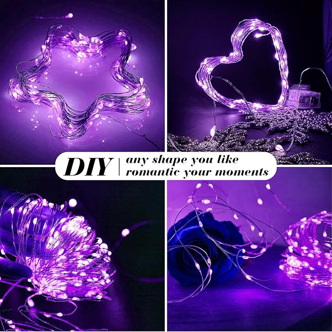 24 Pack Fairy Lights Battery Operated, 7FT 20 Mini LED Silver Wire Twinkle Lights for DIY, Parties, Wedding, Bedroom, Christmas Decoration (Purple)