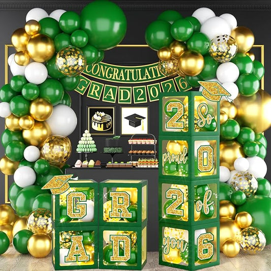 Graduation Decorations Class of 2026,Green and Gold Graduation Decorations 2026,Grad Boxes with Letters Graduation Balloon Arch So Proud of You Grad 2026 for College Graduation Party Supplies
