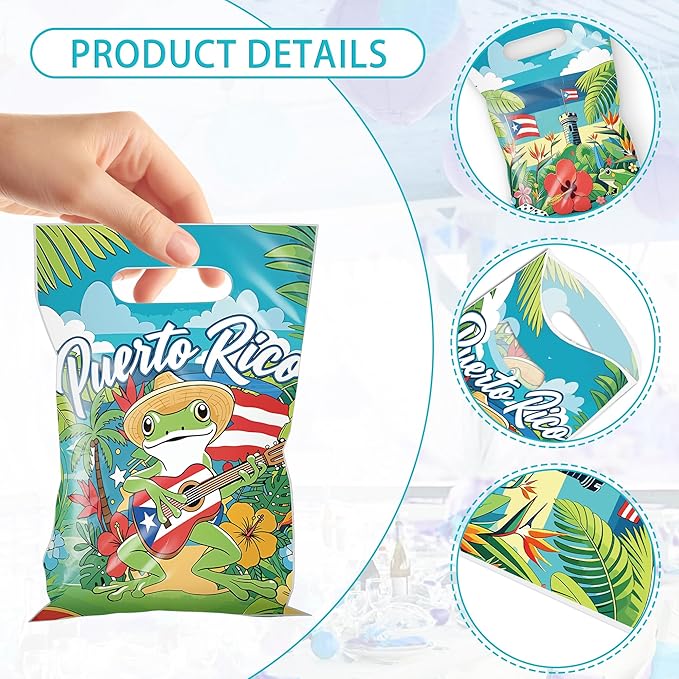 MOIZYNG 50Pcs Puerto Rico Gift Bags with Handles, Tropical Puerto Rican Flag Coqui Frog Plastic Candy Treat Goodie Bags for Birthday Patriotic Festival Party Supplies