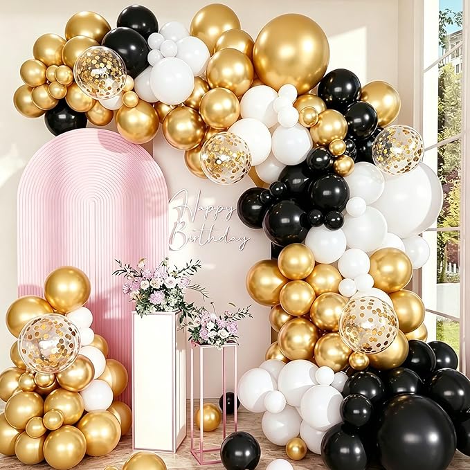 Black and Gold Balloons White Black Gold Confetti Balloon, 60 Pcs 12 Inch Latex Confetti Metallic Balloons with 1 Ribbon, for Birthday Wedding Bridal Shower Party Decorations