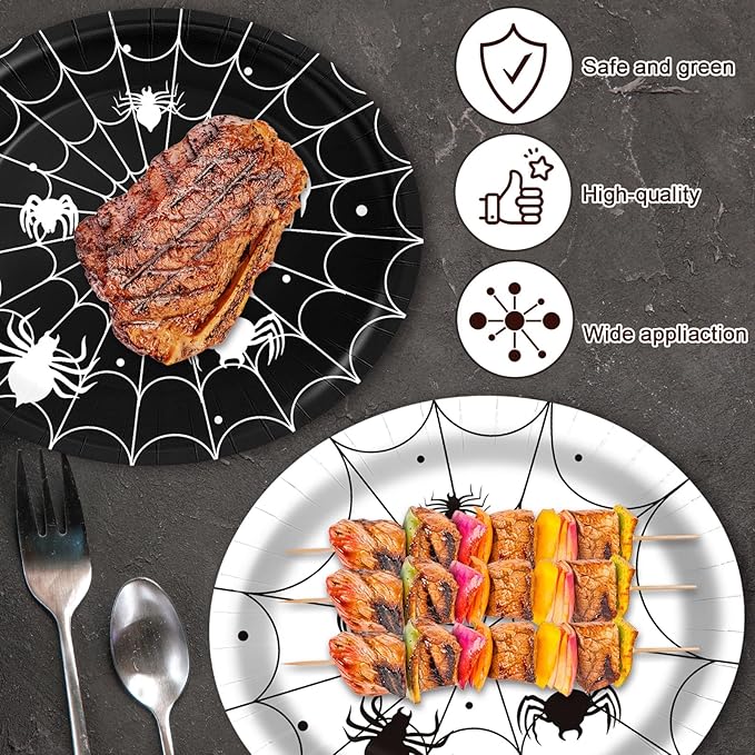 Halloween Spider Web Oval Paper Plates 10’’ x 12’’,Large Disposable Black White Spiderweb Tableware for Halloween Party Table Decor Supplies Tea Party Supplies,50 Guest