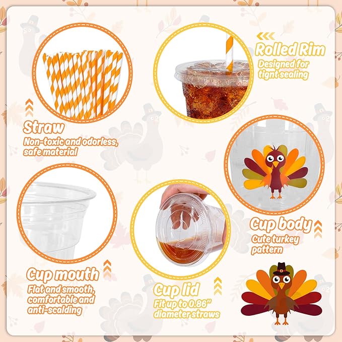Whaline 50 Pcs 12 Oz Fall Plastic Cups with Lids and Straws Cute Turkey Cold Beverage Drinking Cups for Autumn Thanksgiving Party Supplies