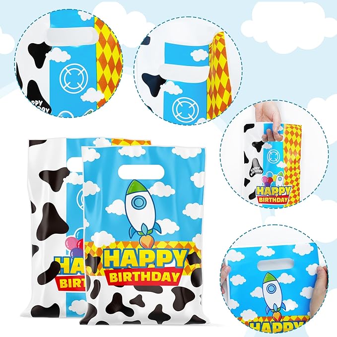 CHENRINDECO 50Pcs Cartoon Story Goodie Bags Cow Pattern Birthday Party Favor Bags Blue Sky White Cloud Plastic Bags with Handle for Toy Themed Birthday Party Supplies