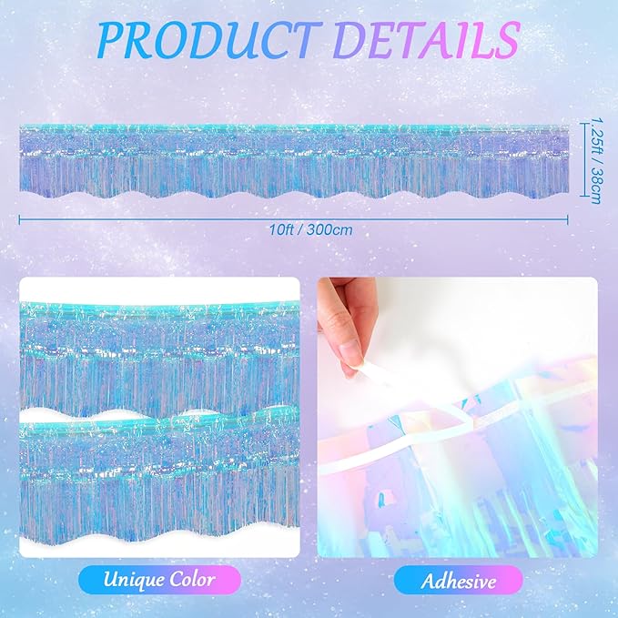 LOLStar 6 Pack Iridescent Blue Tinsel Foil Fringe Garland Birthday Party Decorations, 59Ft Tinsel Streamers Banner, Glitter Photo Booth Prop Table Skirt for Mermaid Frozen Sea Euphoria Party Decor