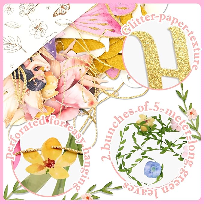 SUNBEAUTY Fairy Birthday Party Banner Fairy Party Decorations Fairy First Birthday Party Decorations for Girls Women Flower Mushroom Garland Leaf Vine String for Baby Shower Wonderland Spring Summer Garden Tea Party