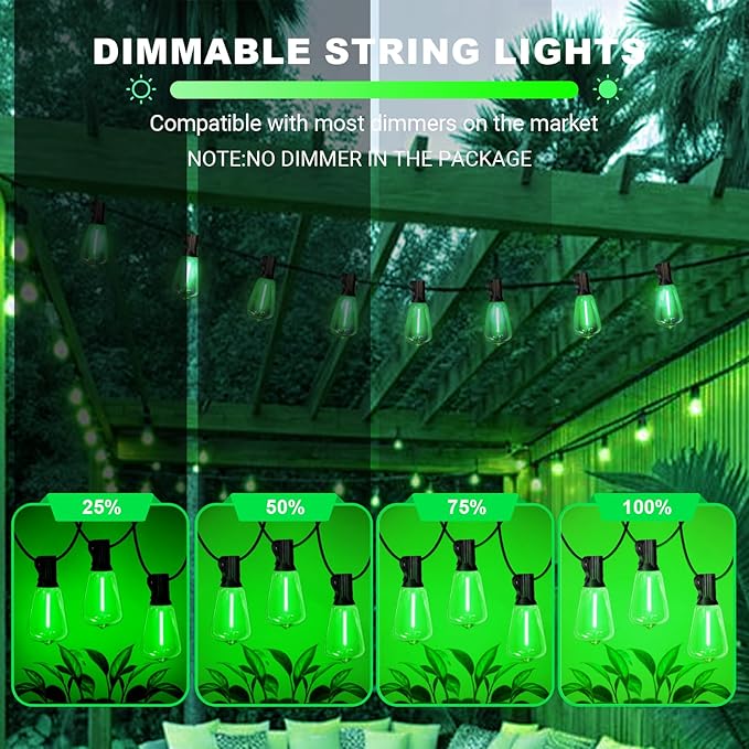 LAMPHOME 2-Pack 26Ft ST38 Green St Patrick's Day Patio Lights, Outdoor String Lights with 12+1 Shatterproof LED Edison Bulbs, Waterproof String Lights for Bistro Christmas Party Decor
