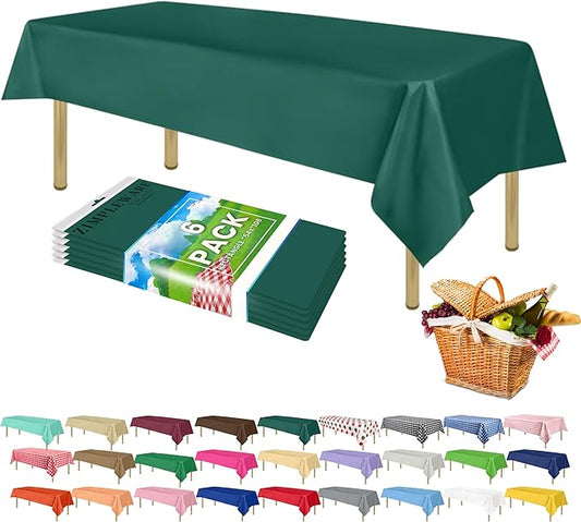 ZIMPLEWARE Premium Dark Green Plastic Table Cloth Disposable (6 Pk) Plastic Tablecloths for Rectangle Tables (54in x 108in) Party Table Cloths Disposable for 6ft to 8ft Rectangle Tables