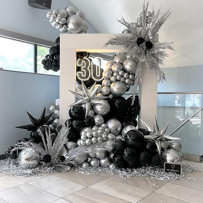 Black and Silver Balloon Arch Kit, 201Pcs Explosion Star Black Metallic Silver with Confetti Balloon Garland kit, Different Size Balloons for Anniversary Birthday Disco Party Decorations