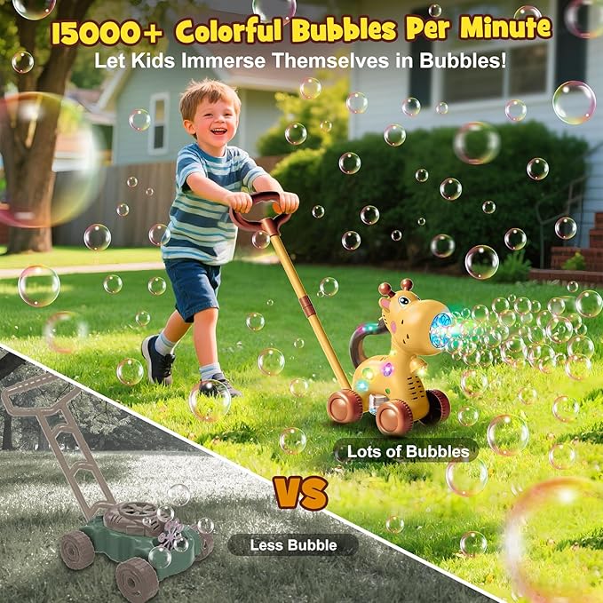 Nicmore Automatic Bubble Machine for Toddler 1-3: Giraffe Bubble Lawn Mover Outdoor Toy for 1 2 3 4 5 Year Old Boy Girl - Push or Handheld Bubble Maker Blower for Age 1-3 Kids Birthday Gifts