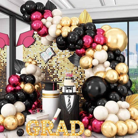 Graduation Balloon Arch Garland Kit, Double Stuffed Metallic Hot Pink and Gold Black White Sand Fuchsia Latex Party Balloons for Girls Women Birthday Wedding Baby Shower Party Decorations