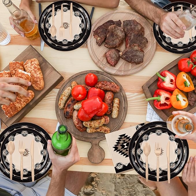 FYSUIMU 150 Pcs Western Theme Tableware Set Simple Modern Aztec Disposable Dinnerware Disposable 7" 9" Plate Paper Napkin Plastic Knives Forks Spoons, Serves 25