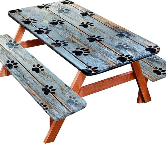 Picnic Table Cover with Bench Covers 72IN 6FT, Camping Essentials Tablecloth Waterproof Oilproof with elastic Edge for Indoor Outdoor Patio (Blue Wood Grain Paw)