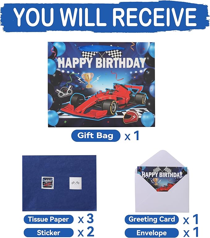 wishinside 13” Large Blue Birthday Gift Bag Set with Handles, Greeting Card, Tissue Papers and Stickers for Boys Men Kids Teens, Car Design, 1 Pcs