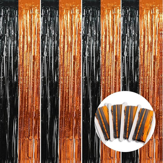 BEISHIDA 4 Pcs Black and Orange Party Streamers Fringe Foil Curtain Backdrop Tinsel Background Halloween Party Decorations for Door Wall Graduation Birthday Anniversary Halloween Party Decoration
