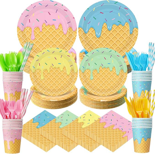 450 Pcs Ice Cream Tableware Set Decorations Summer Ice Cream Cone Paper Plates Napkins Cups Cutlery Straws for Sweet One Birthday Baby Shower Party Supplies, Serves 50