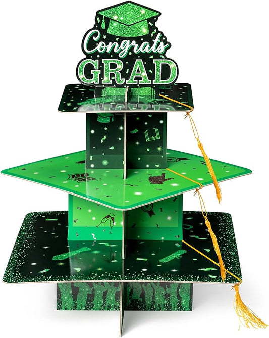 Haooryx Graduation Cupcake Stand Decoration - 3-Tier Black Green Graduate Cap Cupcake Tower with Tassel Cardboard Dessert Holder Kindergarten Primary High School College Graduation Party Table Decor