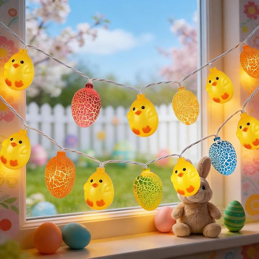 8.5Ft Easter String Lights, 10 LED Multicolored Cracked Eggs and Chicken Fairy Lights, Plug in Waterproof IP44 Spring Garland, UL Listed Outdoor Lights for Easter Home Garden Party Patio Decor