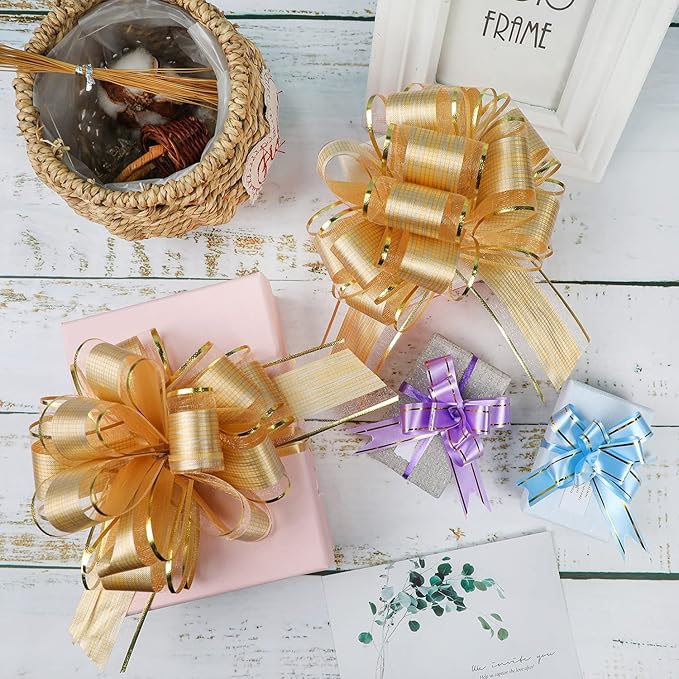 10 PCS Large Pull Bow Gift Wrapping Bows, Pull Bow with Ribbon for Wedding Gift Baskets, Party Gift Wrap Bows, Presents Decorating Bows (Gold)