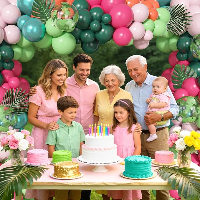 Ouddy Life 156pcs Tropical Balloons Arch Garland Kit, Hawaiian Summer Luau Party Decorations, Hot Pink Dark Green Orange Palm Leaves Balloons for Aloha Flamingo Beach Pool Baby Shower Birthday Decor