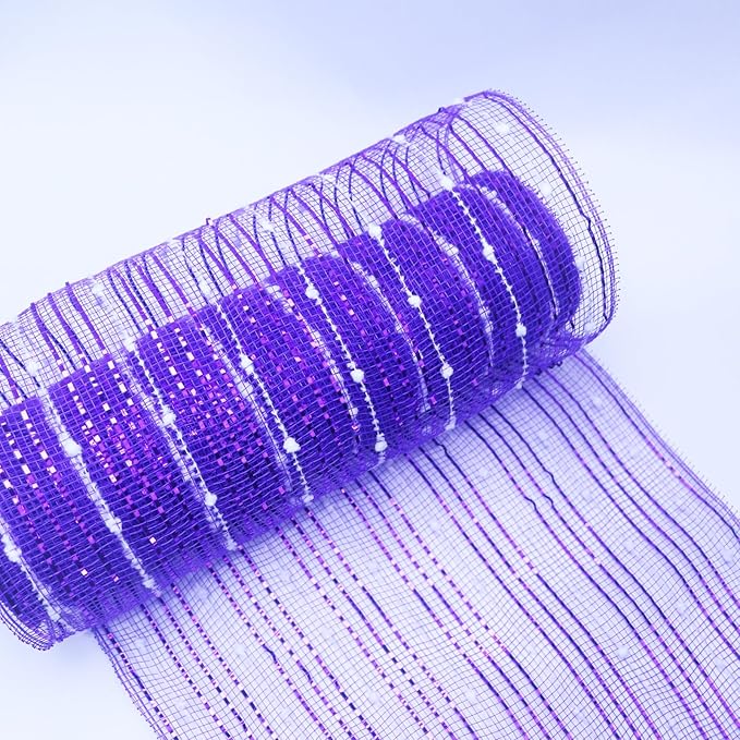 3 Rolls Purple Snowball Deco Mesh Ribbon for Wreath Making Supplies, 10 Inch x 30FT Metallic Foil Burlap Deco Mesh Fabric for DIY Crafts Christmas Tree Wreath Swags and Decorating