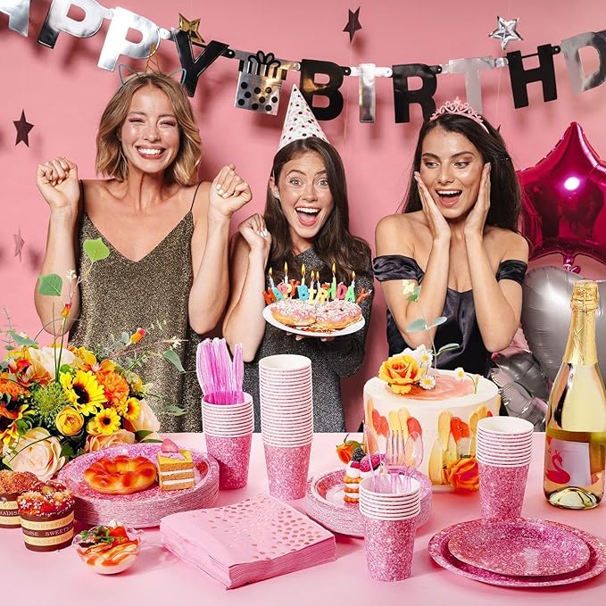 Hushee 350 Pcs Pink Holographic Print Party Supplies Guests Disposable Dinnerware Set Include Paper Plates, Napkins, Cups, Plastic Cutlery for Wedding Birthday Disco Bachelorette