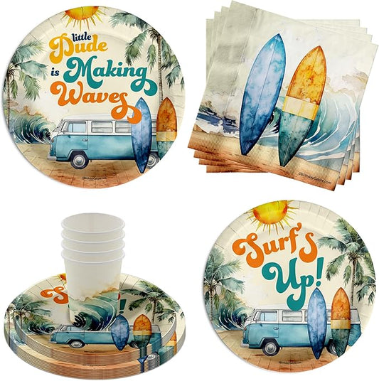 Little Dude Making Waves Surfing Baby Shower Party Supplies - 64 Piece Surfer Baby Shower Tableware Set Includes Large 9" Dinner Plates and 8" Dessert Paper Plates Napkins Cups - Kit for 16