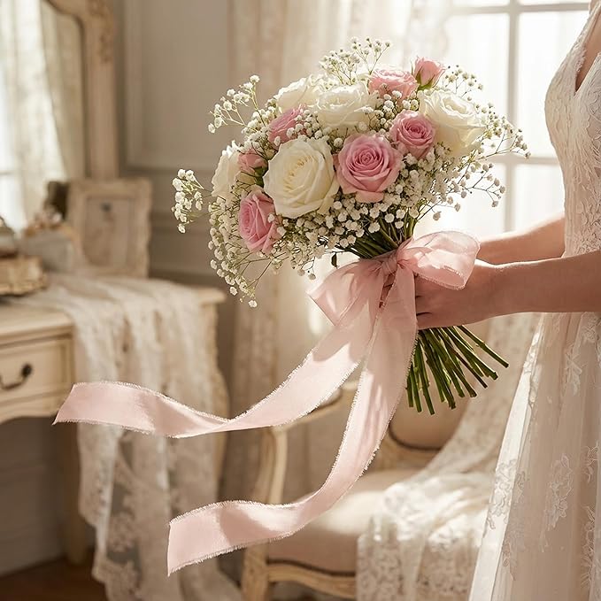 Handmade Chiffon Ribbon 1.5 Inch Wide, 3 Rolls 21 Yards, Blush Pink Frayed Edge Fabric Ribbon for Romantic Wedding Accents, Floral Styling & Gift Presentation(Blush Pink)