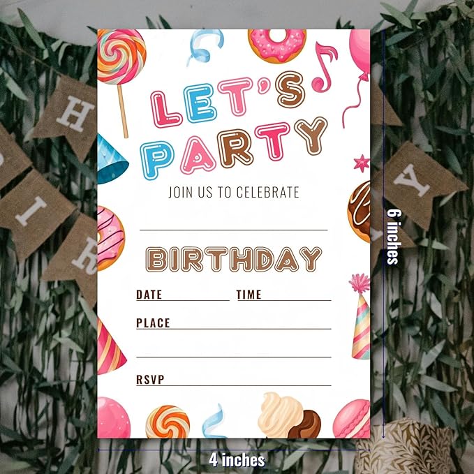 Sweet Candy Birthday Party Invitations, Let's Party Candyland Invites with Envelopes, 25 Pcs 4x6 Inch, Candy Donut Balloons Macarons, Childlike Bright Colors (Colorful Pattern)