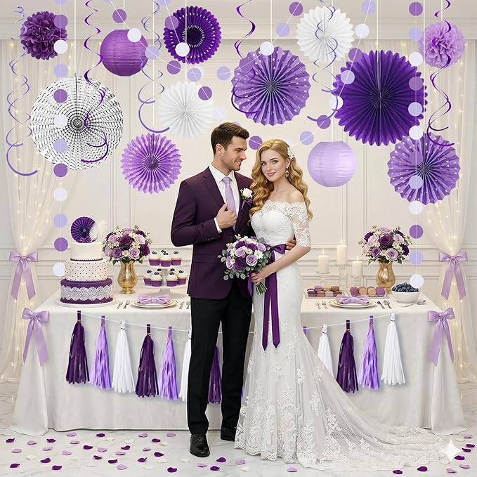 MEIDUO 34 Pcs Purple Decorations for Party, Hanging Paper Lanterns Fans Pom Poms Set, Purple and White Graduation Decorations, Lavender Birthday Decorations for Women Girls
