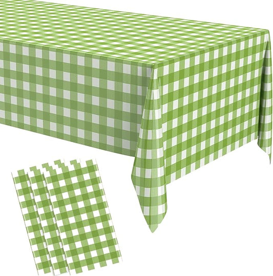Remagr 3 Pcs Green and White Checkered Table Cloth 54 x 108 Inch Disposable Buffalo Plaid Plastic Table Cloth Waterproof Rectangle Gingham Tablecover for Picnic, Dining, Birthday Party Decor