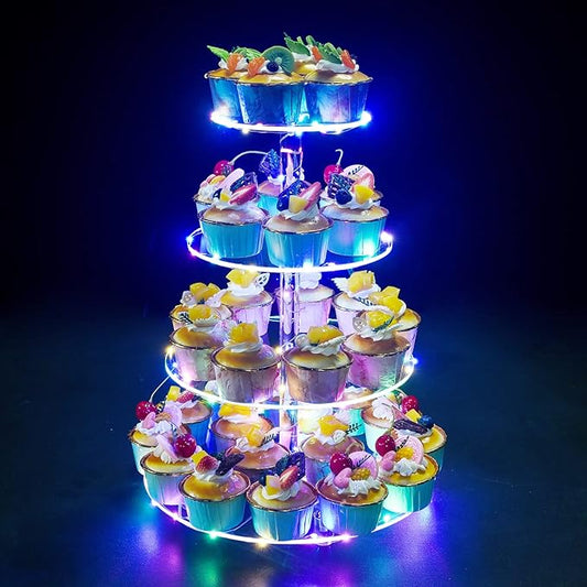 Cupcake Stand, 4-Tier Round Cupcake Holder with LED light String, Acrylic Cupcake Tower Display-Dessert Tower-Pastry Stand-Cupcake Tier Stand for Wedding, Birthday party ( Colorful Light)